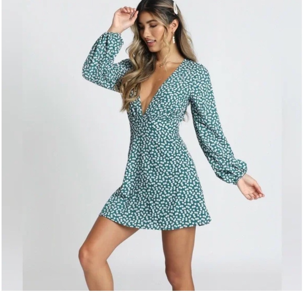 Showpo Teal Long Sleeve Floral Dress